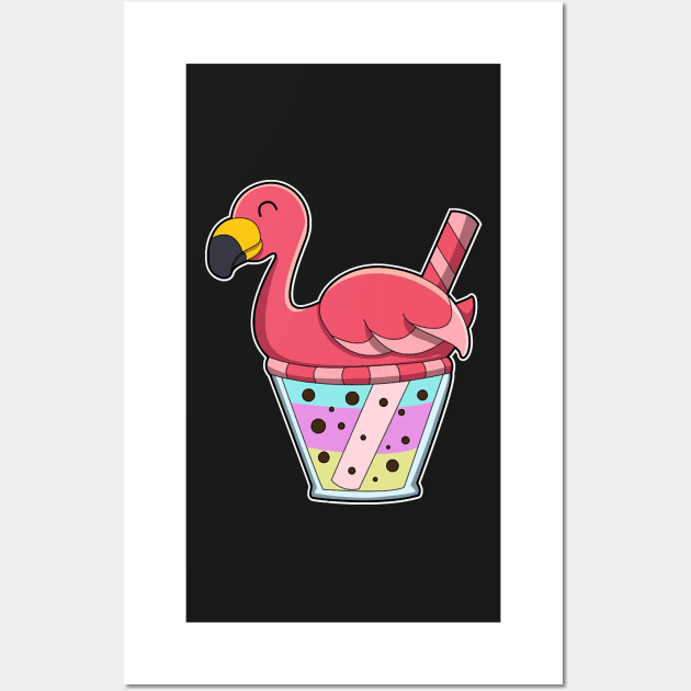 Flamingo with Mug of Juice & Drinking straw Wall Art by Sonoma92